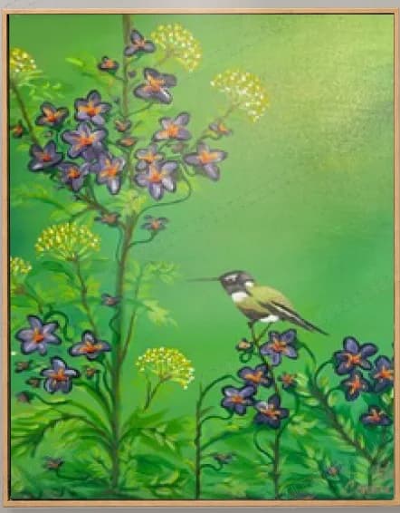Small bird among pink blossom and green foliage