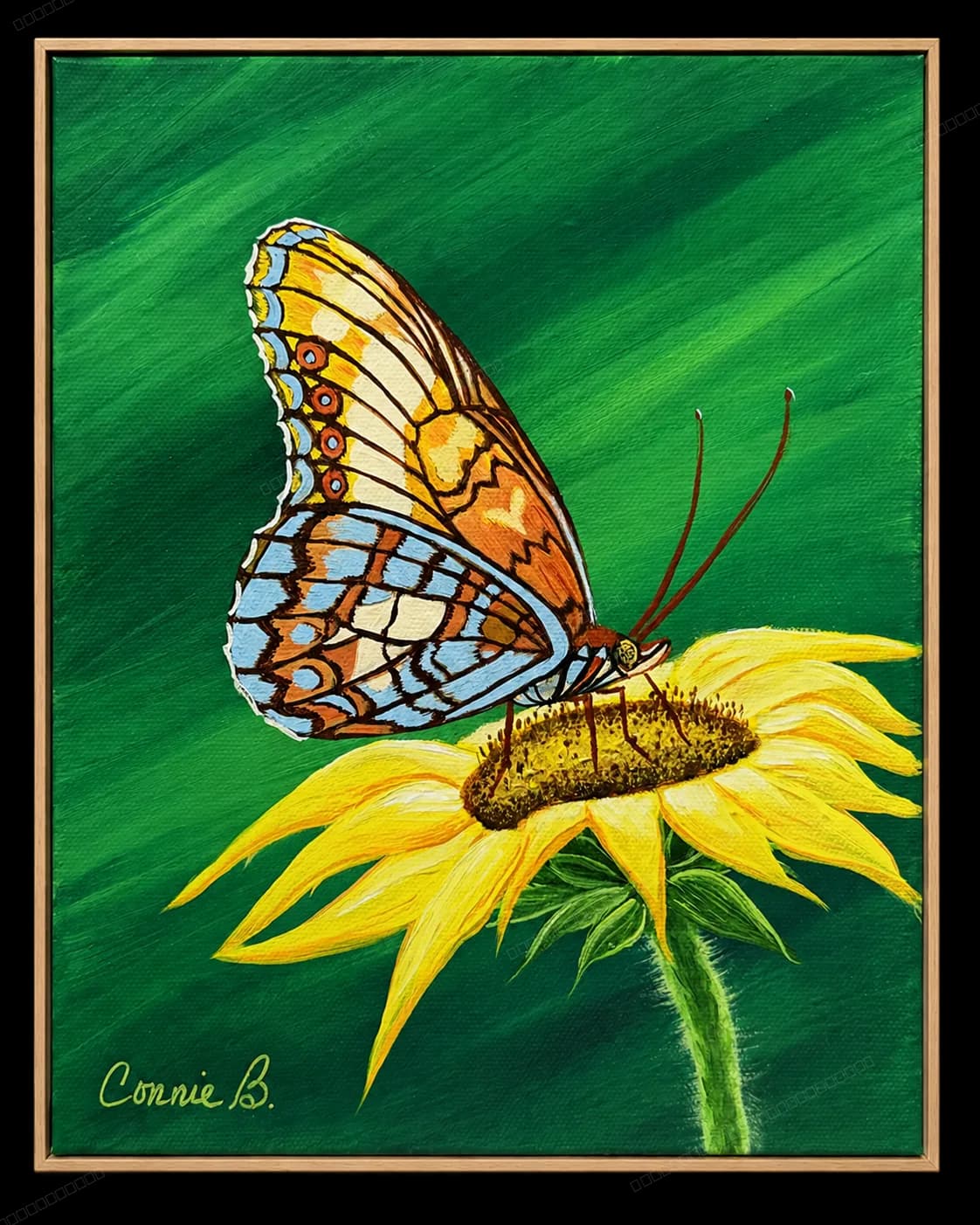 Butterfly resting on a yellow sunflower, painted in acrylic