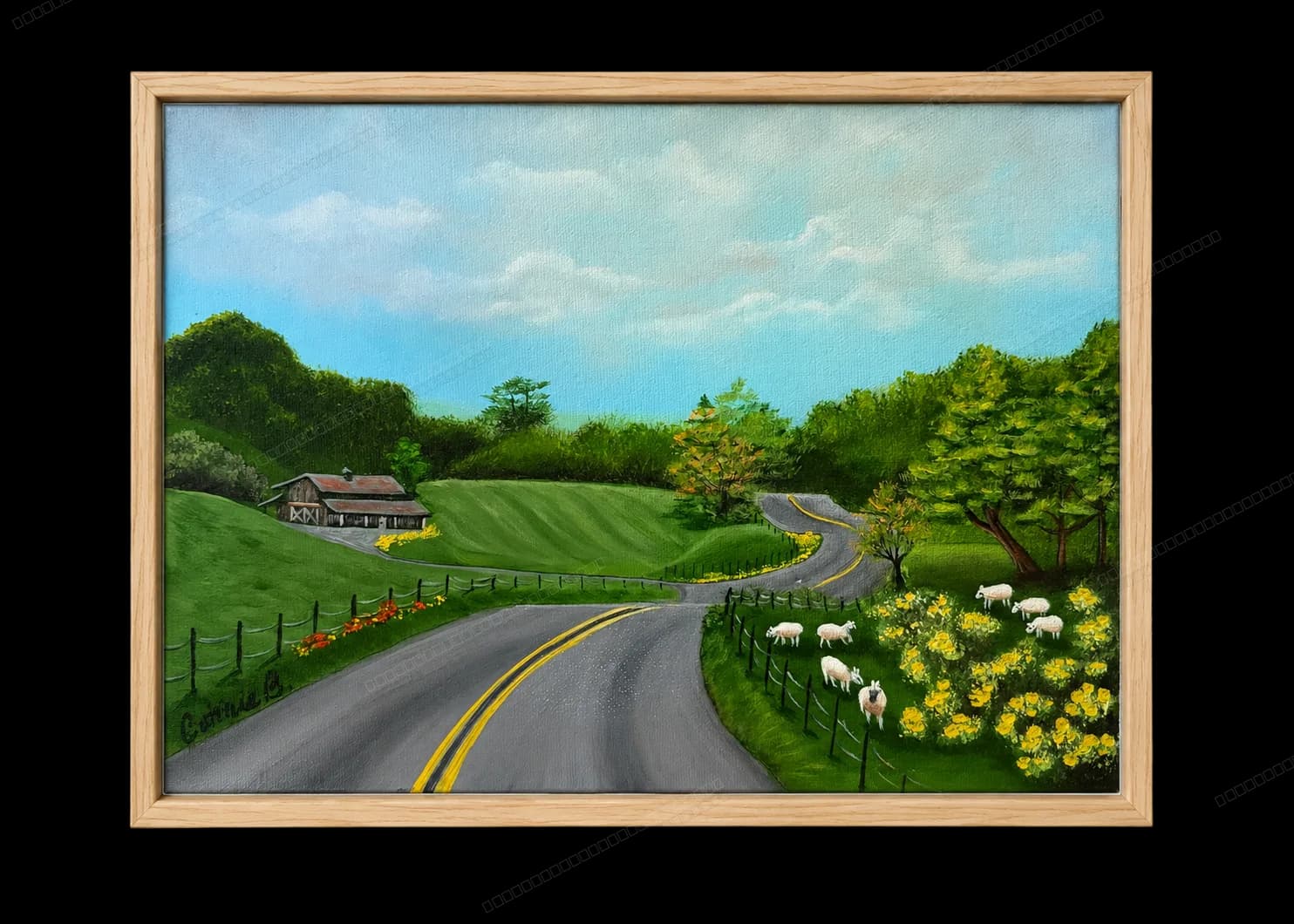Painted landscape of a country road winding through green fields