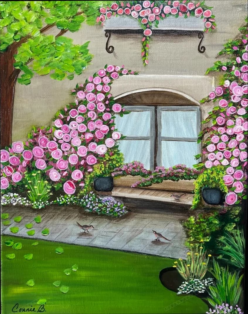 View through a window onto a sunlit garden