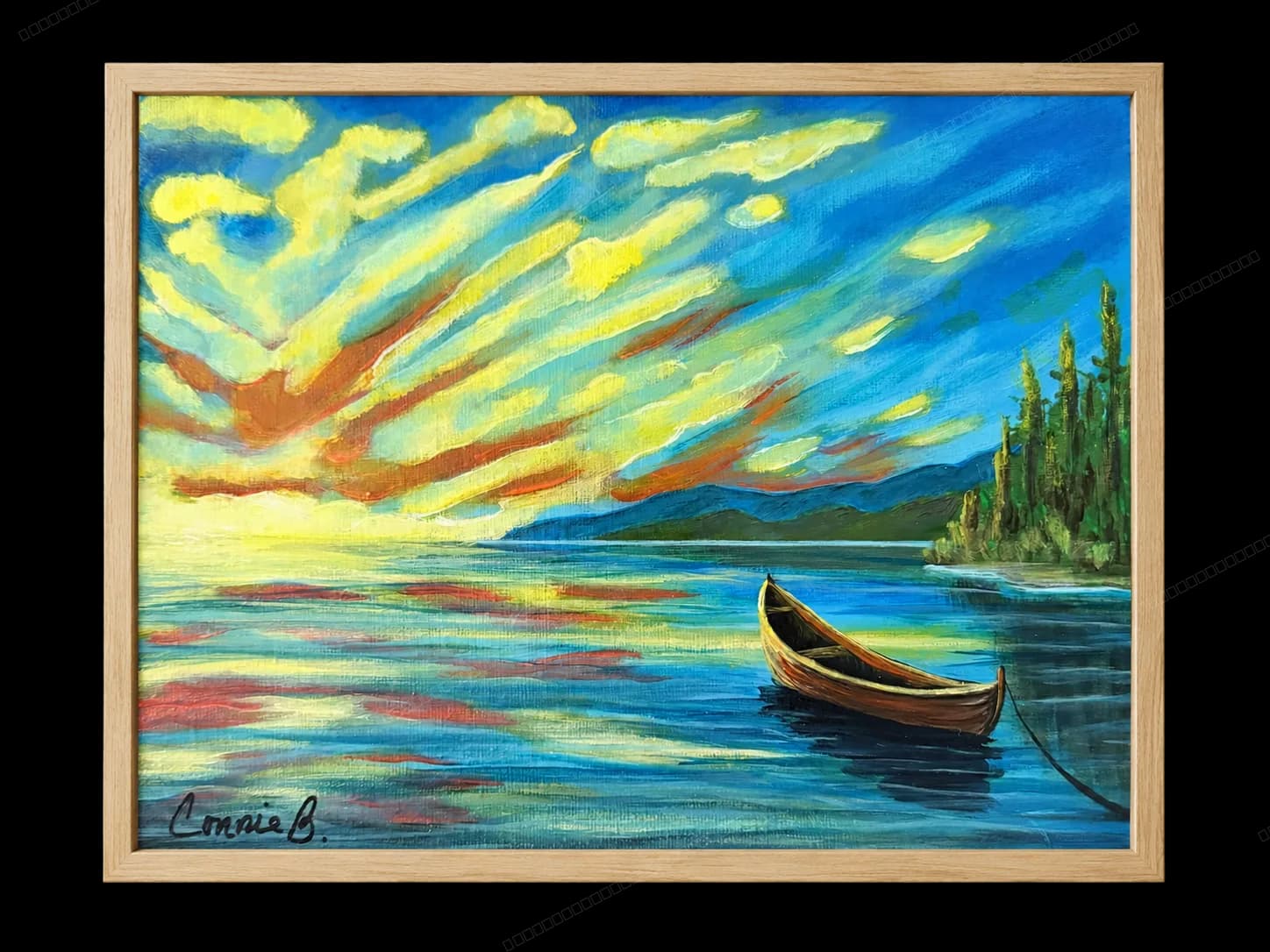 Painted seascape with a small boat drawn up on the shore