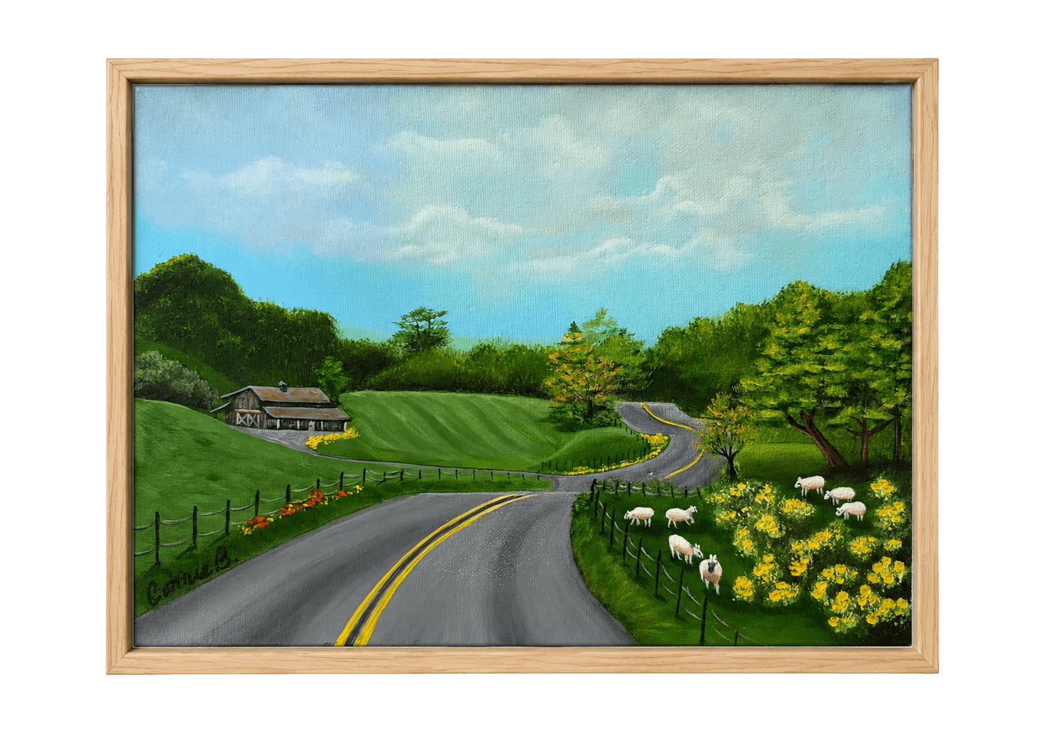 Painted landscape of a country road winding through green fields
