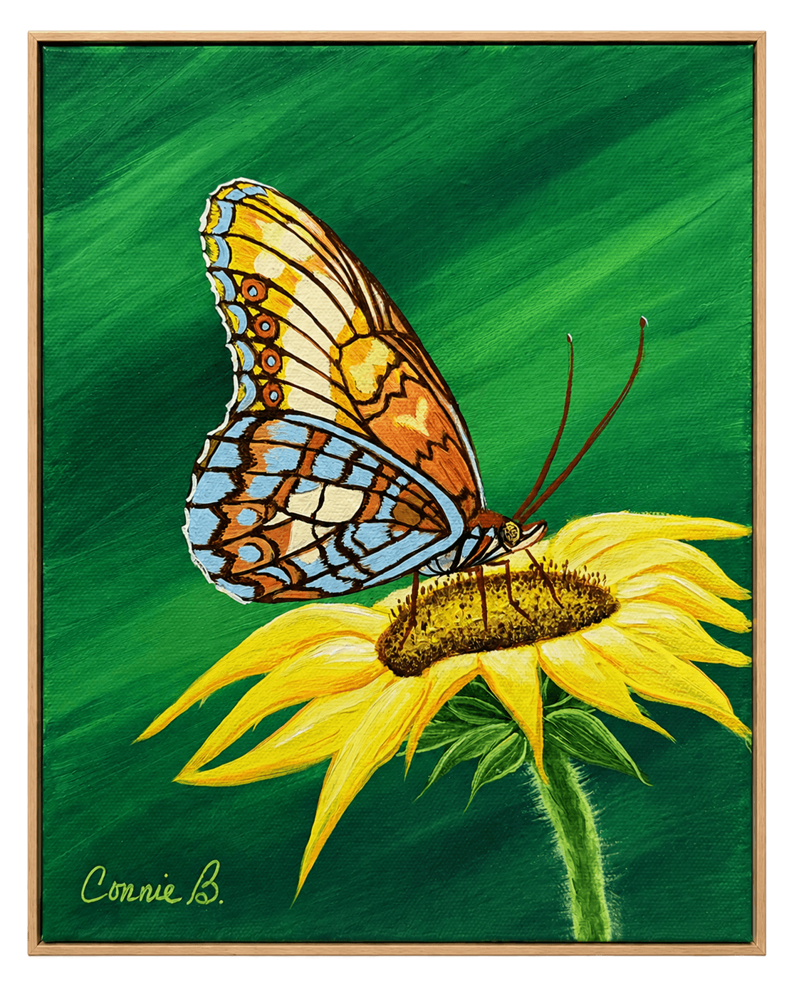 Butterfly resting on a yellow sunflower, painted in acrylic