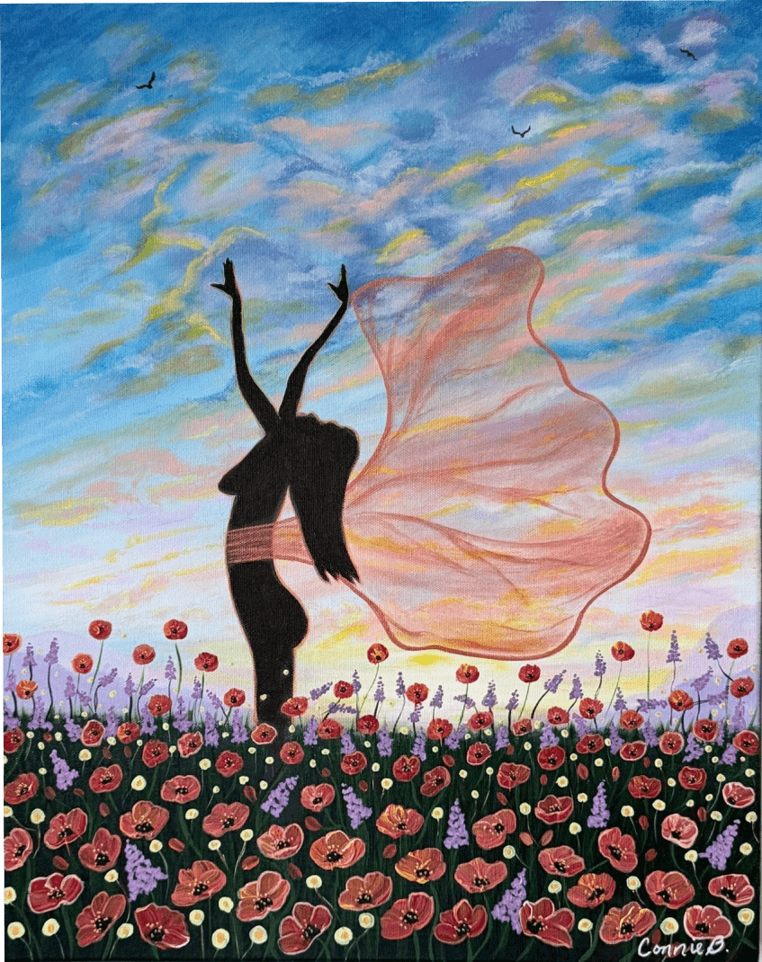 Silhouetted dancer in a poppy field beneath a sunset sky