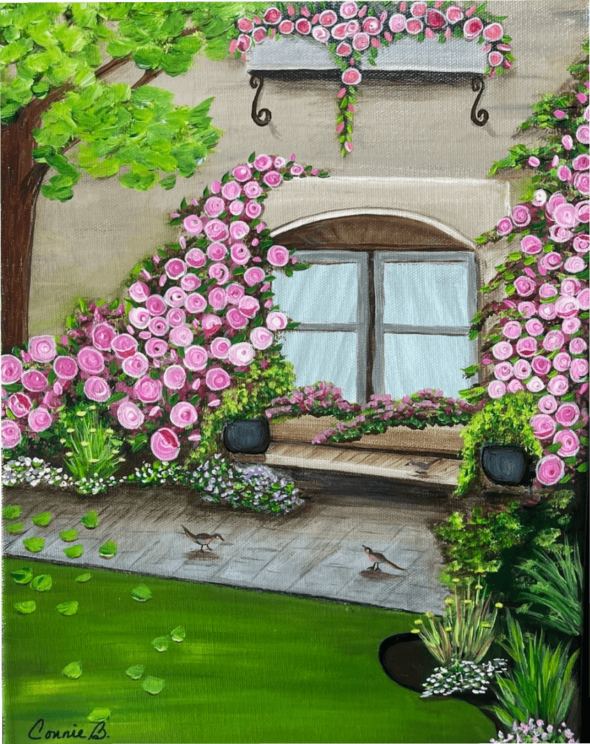 View through a window onto a sunlit garden