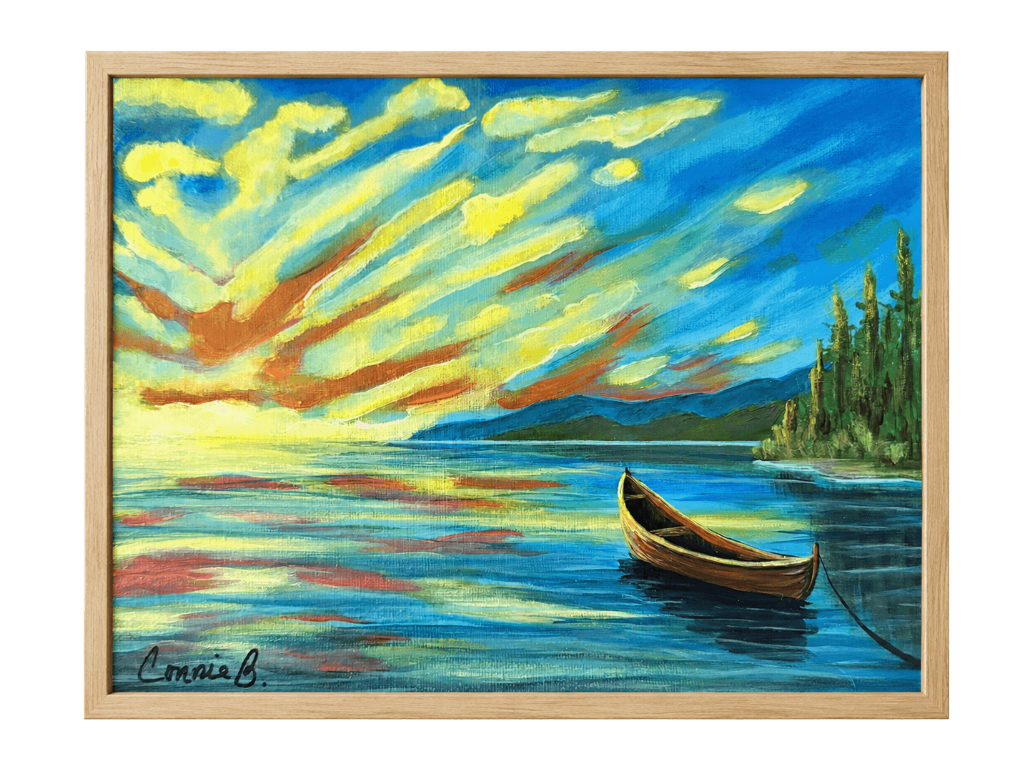 Painted seascape with a small boat drawn up on the shore