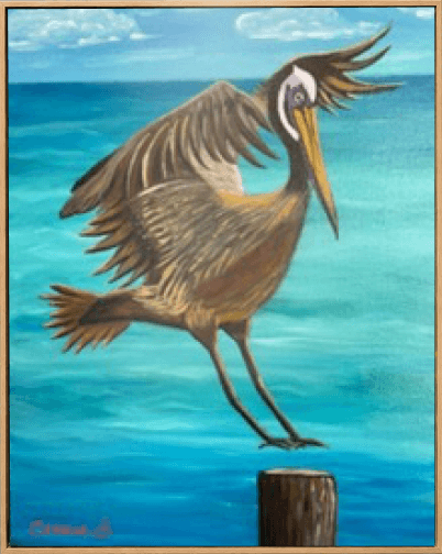 Heron landing on a wooden post above turquoise water