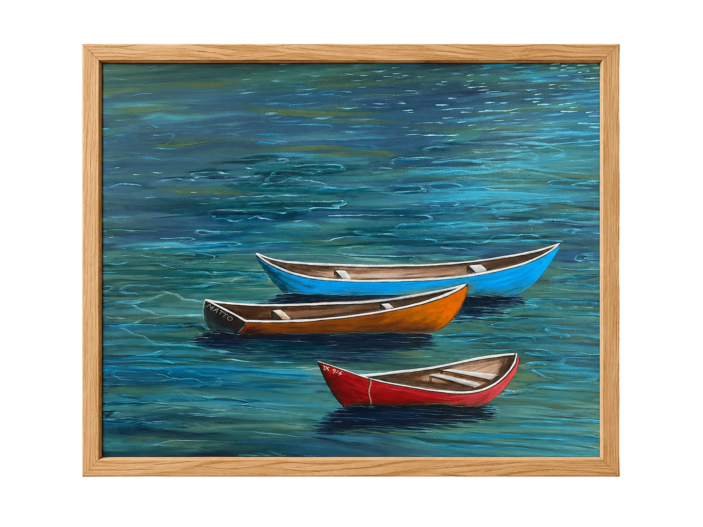 Painting of two wooden rowing boats on calm blue water