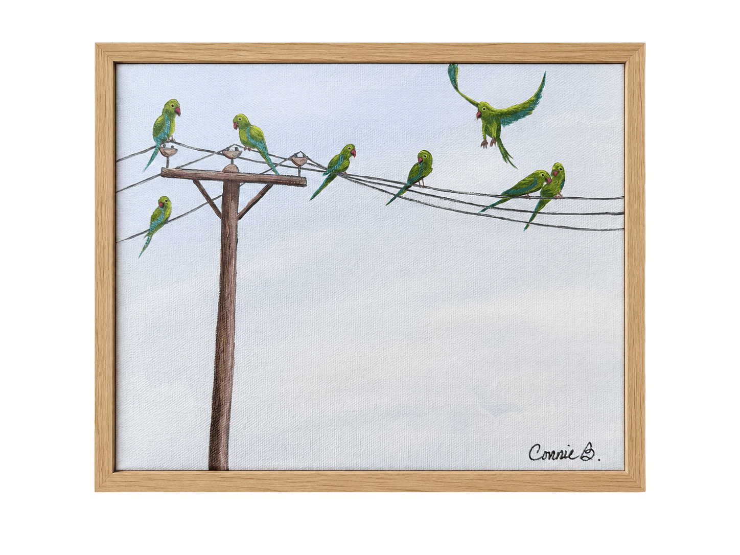 Painting of small birds perched along telephone wires