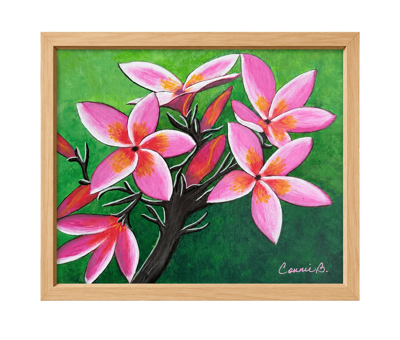 Painting of pink frangipani blossoms against dark green leaves
