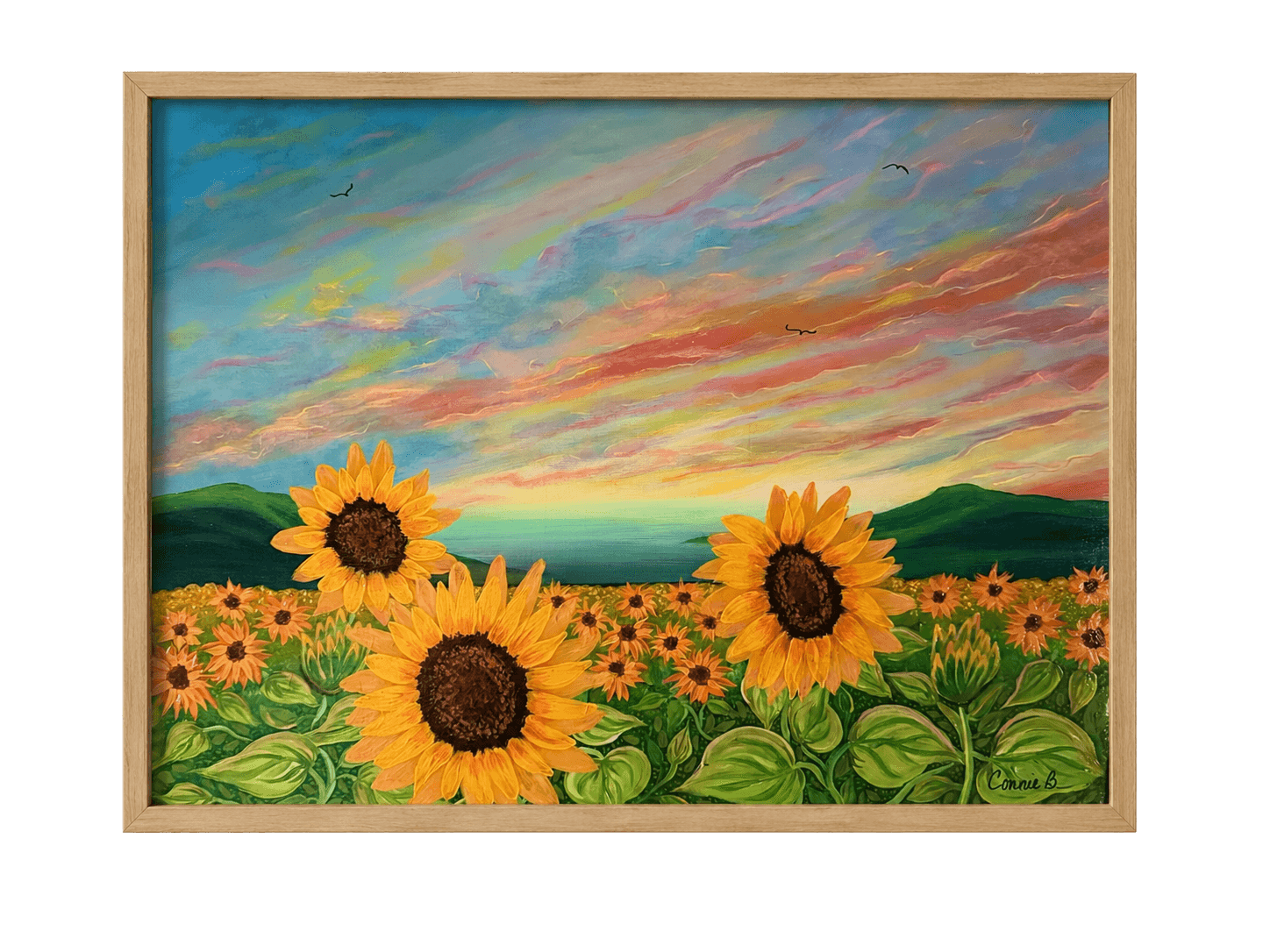 Painting of a sunflower field beneath a streaked sunset sky