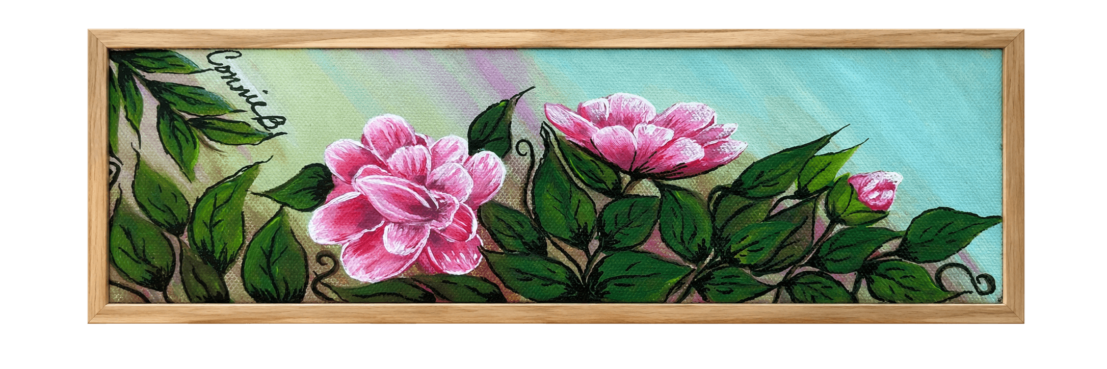 Wide painting of pink roses and foliage against a turquoise sky